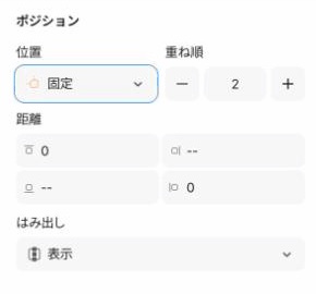 Studioの右側パネルの「ポジション」。「位置」が「固定」になっていて、その右の「重ね順」の欄が2になっている。その下に「距離」の入力欄が4つ並んでいる